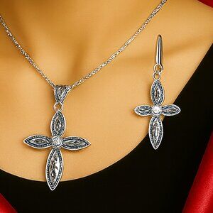 Elegant Silver Cross Pendant Necklace with Matching Earrings – Christian Jewelry